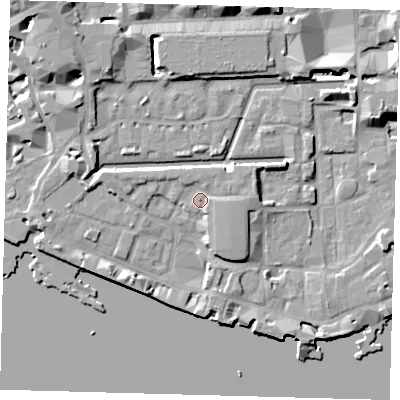 Shaded relief map of the ground around E1W2UY, computed from Environment Agency LiDAR. The ground here sits at about 6 m above sea level and falls 9 m across the surrounding 800 m. Surface water reaching this point runs off ground lying to the east-south-east, 1.8 m higher.