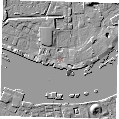 Shaded relief map of the ground around E1W2YF, computed from Environment Agency LiDAR. The ground here sits at about 4 m above sea level and falls 22 m across the surrounding 800 m. Surface water reaching this point runs off ground lying to the south-south-east, 4.1 m higher.