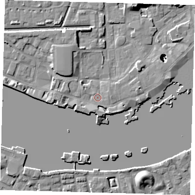 Shaded relief map of the ground around E1W2YG, computed from Environment Agency LiDAR. The ground here sits at about 4 m above sea level and falls 22 m across the surrounding 800 m. Surface water reaching this point runs off ground lying to the south-south-west, 4.1 m higher.