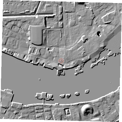 Shaded relief map of the ground around E1W2YW, computed from Environment Agency LiDAR. The ground here sits at about 4 m above sea level and falls 22 m across the surrounding 800 m. Surface water reaching this point runs off ground lying to the south-west, 4.1 m higher.