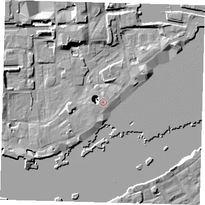 Shaded relief map of the ground around E1W3AL, computed from Environment Agency LiDAR. The ground here sits at about 4 m above sea level and falls 22 m across the surrounding 800 m. Surface water reaching this point runs off ground lying to the east, 1.0 m higher.