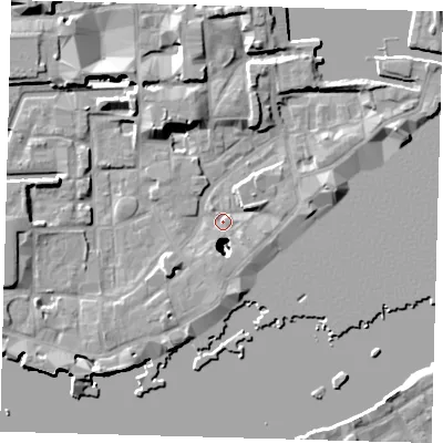 Shaded relief map of the ground around E1W3AT, computed from Environment Agency LiDAR. The ground here sits at about 3 m above sea level and falls 24 m across the surrounding 800 m. Surface water reaching this point runs off ground lying to the south-west, 19.3 m higher.