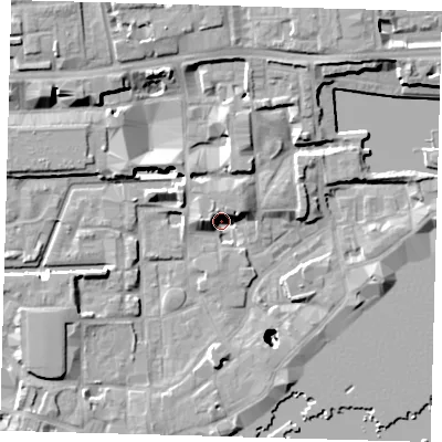 Shaded relief map of the ground around E1W3AU, computed from Environment Agency LiDAR. The ground here sits at about 3 m above sea level and falls 26 m across the surrounding 800 m. Surface water reaching this point runs off ground lying to the west, 6.9 m higher.