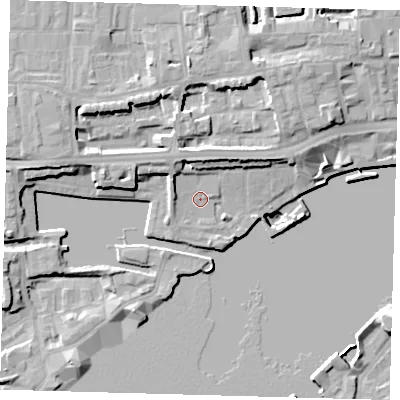 Shaded relief map of the ground around E1W3EQ, computed from Environment Agency LiDAR. The ground here sits at about 6 m above sea level and falls 13 m across the surrounding 800 m. Surface water reaching this point runs off ground lying to the north-north-east, 5.7 m higher.