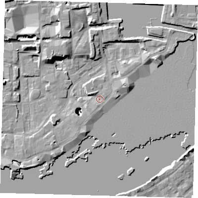 Shaded relief map of the ground around E1W3NH, computed from Environment Agency LiDAR. The ground here sits at about 3 m above sea level and falls 23 m across the surrounding 800 m. Surface water reaching this point runs off ground lying to the west-north-west, 2.3 m higher.