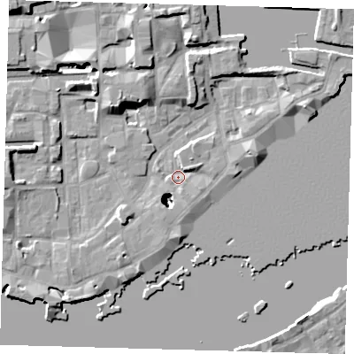 Shaded relief map of the ground around E1W3NJ, computed from Environment Agency LiDAR. The ground here sits at about 3 m above sea level and falls 24 m across the surrounding 800 m. Surface water reaching this point runs off ground lying to the north-north-west, 7.7 m higher.