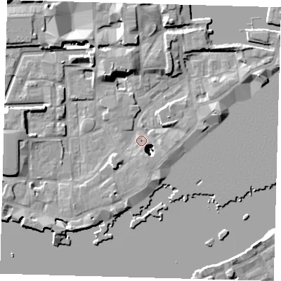 Shaded relief map of the ground around E1W3NL, computed from Environment Agency LiDAR. The ground here sits at about 3 m above sea level and falls 23 m across the surrounding 800 m. Surface water reaching this point runs off ground lying to the south-west, 19.3 m higher.