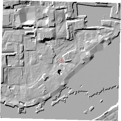 Shaded relief map of the ground around E1W3NN, computed from Environment Agency LiDAR. The ground here sits at about 3 m above sea level and falls 24 m across the surrounding 800 m. Surface water reaching this point runs off ground lying to the north, 7.7 m higher.