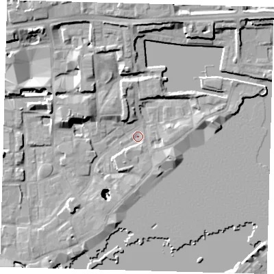 Shaded relief map of the ground around E1W3NP, computed from Environment Agency LiDAR. The ground here sits at about 3 m above sea level and falls 25 m across the surrounding 800 m. Surface water reaching this point runs off ground lying to the east-south-east, 19.4 m higher.
