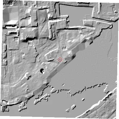Shaded relief map of the ground around E1W3NQ, computed from Environment Agency LiDAR. The ground here sits at about 4 m above sea level and falls 24 m across the surrounding 800 m. Surface water reaching this point runs off ground lying to the north-west, 1.0 m higher.