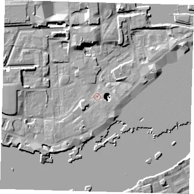 Shaded relief map of the ground around E1W3NR, computed from Environment Agency LiDAR. The ground here sits at about 3 m above sea level and falls 22 m across the surrounding 800 m. Surface water reaching this point runs off ground lying to the south-west, 19.3 m higher.