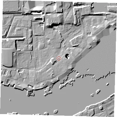 Shaded relief map of the ground around E1W3NS, computed from Environment Agency LiDAR. The ground here sits at about 4 m above sea level and falls 22 m across the surrounding 800 m. Surface water reaching this point runs off ground lying to the south-west, 19.3 m higher.