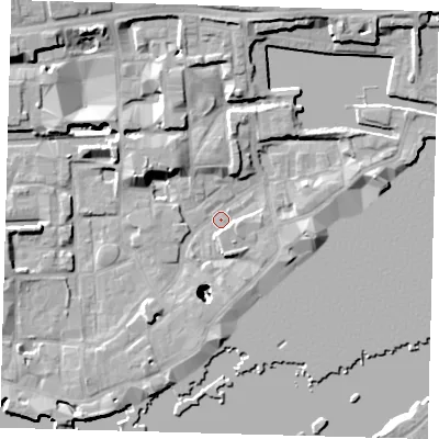 Shaded relief map of the ground around E1W3NW, computed from Environment Agency LiDAR. The ground here sits at about 2 m above sea level and falls 25 m across the surrounding 800 m. Surface water reaching this point runs off ground lying to the north-north-west, 7.7 m higher.