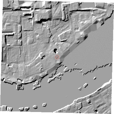 Shaded relief map of the ground around E1W3NX, computed from Environment Agency LiDAR. The ground here sits at about 4 m above sea level and falls 22 m across the surrounding 800 m. Surface water reaching this point runs off ground lying to the south-south-east, 1.2 m higher.