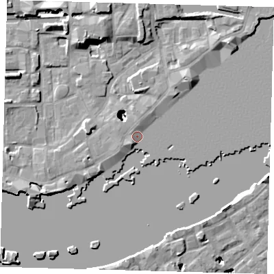 Shaded relief map of the ground around E1W3PA, computed from Environment Agency LiDAR. The ground here sits at about 4 m above sea level and falls 22 m across the surrounding 800 m. Surface water reaching this point runs off ground lying to the south-west, 2.4 m higher.