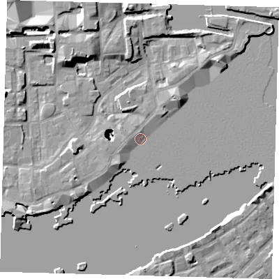 Shaded relief map of the ground around E1W3PB, computed from Environment Agency LiDAR. The ground here sits at about 3 m above sea level and falls 22 m across the surrounding 800 m. Surface water reaching this point runs off ground lying to the north, 1.4 m higher.