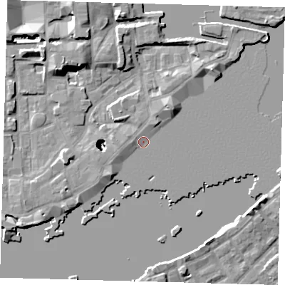 Shaded relief map of the ground around E1W3PF, computed from Environment Agency LiDAR. The ground here sits at about 3 m above sea level and falls 22 m across the surrounding 800 m. Surface water reaching this point runs off ground lying to the west, 1.4 m higher.
