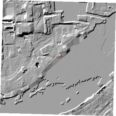 Shaded relief map of the ground around E1W3PG, computed from Environment Agency LiDAR. The ground here sits at about 4 m above sea level and falls 23 m across the surrounding 800 m. Surface water reaching this point runs off ground lying to the north-west, 1.1 m higher.