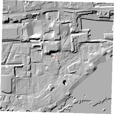 Shaded relief map of the ground around E1W3QG, computed from Environment Agency LiDAR. The ground here sits at about 3 m above sea level and falls 25 m across the surrounding 800 m. Surface water reaching this point runs off ground lying to the west-south-west, 5.3 m higher.