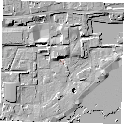 Shaded relief map of the ground around E1W3QQ, computed from Environment Agency LiDAR. The ground here sits at about 2 m above sea level and falls 26 m across the surrounding 800 m. Surface water reaching this point runs off ground lying to the west-north-west, 6.9 m higher.