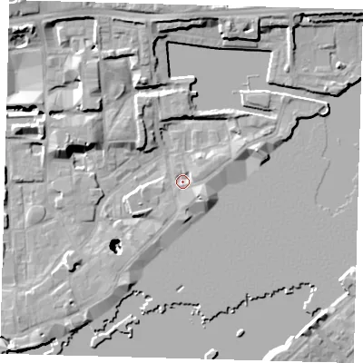 Shaded relief map of the ground around E1W3QS, computed from Environment Agency LiDAR. The ground here sits at about 3 m above sea level and falls 25 m across the surrounding 800 m. Surface water reaching this point runs off ground lying to the east-south-east, 3.5 m higher.