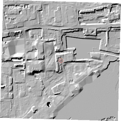 Shaded relief map of the ground around E1W3QT, computed from Environment Agency LiDAR. The ground here sits at about 6 m above sea level and falls 26 m across the surrounding 800 m. Surface water reaching this point runs off ground lying to the north-north-east, 2.0 m higher.