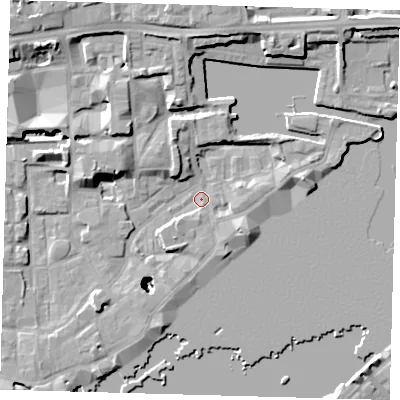 Shaded relief map of the ground around E1W3QY, computed from Environment Agency LiDAR. The ground here sits at about 3 m above sea level and falls 25 m across the surrounding 800 m. Surface water reaching this point runs off ground lying to the east-south-east, 19.4 m higher.