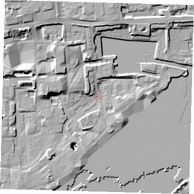 Shaded relief map of the ground around E1W3RA, computed from Environment Agency LiDAR. The ground here sits at about 3 m above sea level and falls 25 m across the surrounding 800 m. Surface water reaching this point runs off ground lying to the north-north-west, 20.6 m higher.