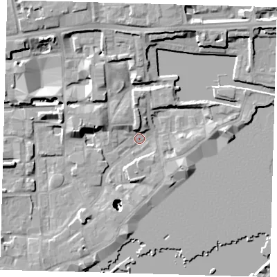 Shaded relief map of the ground around E1W3RB, computed from Environment Agency LiDAR. The ground here sits at about 3 m above sea level and falls 25 m across the surrounding 800 m. Surface water reaching this point runs off ground lying to the north, 20.6 m higher.