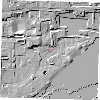 Shaded relief map of the ground around E1W3RD, computed from Environment Agency LiDAR. The ground here sits at about 3 m above sea level and falls 25 m across the surrounding 800 m. Surface water reaching this point runs off ground lying to the north-north-west, 7.7 m higher.