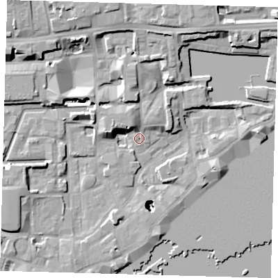 Shaded relief map of the ground around E1W3RE, computed from Environment Agency LiDAR. The ground here sits at about 3 m above sea level and falls 25 m across the surrounding 800 m. Surface water reaching this point runs off ground lying to the north, 7.7 m higher.