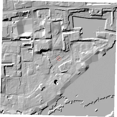 Shaded relief map of the ground around E1W3RF, computed from Environment Agency LiDAR. The ground here sits at about 3 m above sea level and falls 25 m across the surrounding 800 m. Surface water reaching this point runs off ground lying to the south-west, 3.9 m higher.