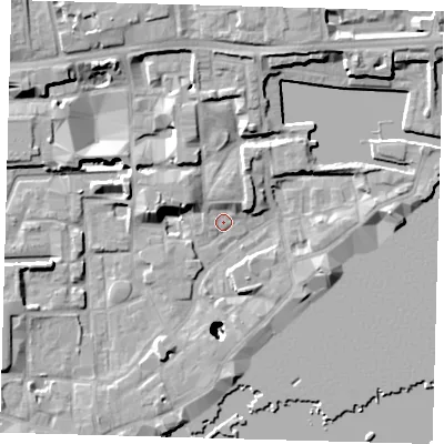 Shaded relief map of the ground around E1W3RH, computed from Environment Agency LiDAR. The ground here sits at about 3 m above sea level and falls 25 m across the surrounding 800 m. Surface water reaching this point runs off ground lying to the north-north-west, 7.7 m higher.