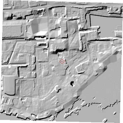 Shaded relief map of the ground around E1W3RL, computed from Environment Agency LiDAR. The ground here sits at about 3 m above sea level and falls 25 m across the surrounding 800 m. Surface water reaching this point runs off ground lying to the west-south-west, 4.8 m higher.