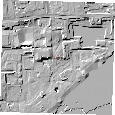 Shaded relief map of the ground around E1W3RN, computed from Environment Agency LiDAR. The ground here sits at about 5 m above sea level and falls 26 m across the surrounding 800 m. Surface water reaching this point runs off ground lying to the north-north-west, 7.7 m higher.