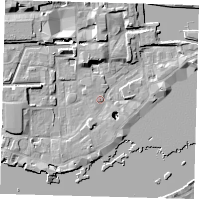 Shaded relief map of the ground around E1W3RS, computed from Environment Agency LiDAR. The ground here sits at about 3 m above sea level and falls 24 m across the surrounding 800 m. Surface water reaching this point runs off ground lying to the south-west, 4.1 m higher.
