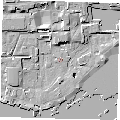 Shaded relief map of the ground around E1W3RT, computed from Environment Agency LiDAR. The ground here sits at about 4 m above sea level and falls 24 m across the surrounding 800 m. Surface water reaching this point runs off ground lying to the south-west, 2.6 m higher.