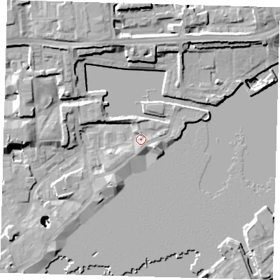 Shaded relief map of the ground around E1W3SE, computed from Environment Agency LiDAR. The ground here sits at about 4 m above sea level and falls 26 m across the surrounding 800 m. Surface water reaching this point runs off ground lying to the north-north-east, 2.7 m higher.