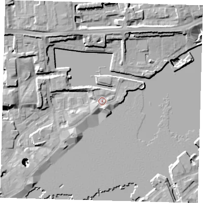Shaded relief map of the ground around E1W3SF, computed from Environment Agency LiDAR. The ground here sits at about 5 m above sea level and falls 26 m across the surrounding 800 m. Surface water reaching this point runs off ground lying to the north-north-west, 1.3 m higher.