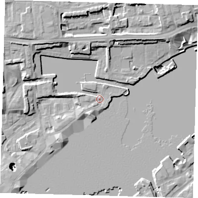Shaded relief map of the ground around E1W3SG, computed from Environment Agency LiDAR. The ground here sits at about 5 m above sea level and falls 26 m across the surrounding 800 m. Surface water reaching this point runs off ground lying to the north-north-east, 1.4 m higher.