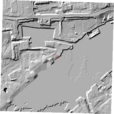 Shaded relief map of the ground around E1W3SH, computed from Environment Agency LiDAR. The ground here sits at about 4 m above sea level and falls 26 m across the surrounding 800 m. Surface water reaching this point runs off ground lying to the west-south-west, 4.4 m higher.