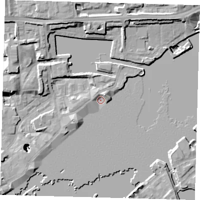 Shaded relief map of the ground around E1W3SJ, computed from Environment Agency LiDAR. The ground here sits at about 2 m above sea level and falls 25 m across the surrounding 800 m. Surface water reaching this point runs off ground lying to the north-east, 4.4 m higher.