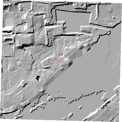 Shaded relief map of the ground around E1W3SP, computed from Environment Agency LiDAR. The ground here sits at about 4 m above sea level and falls 25 m across the surrounding 800 m. Surface water reaching this point runs off ground lying to the east, 2.3 m higher.