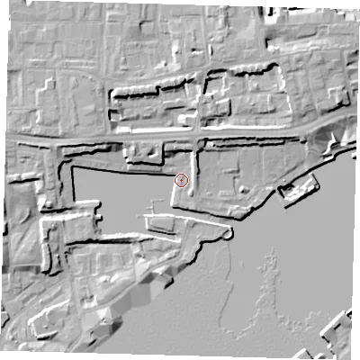 Shaded relief map of the ground around E1W3SR, computed from Environment Agency LiDAR. The ground here sits at about 5 m above sea level and falls 13 m across the surrounding 800 m. Surface water reaching this point runs off ground lying to the north, 9.3 m higher.