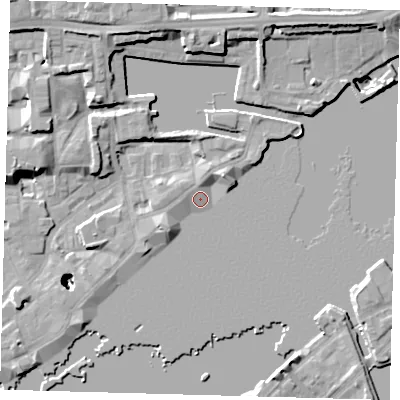 Shaded relief map of the ground around E1W3SS, computed from Environment Agency LiDAR. The ground here sits at about 4 m above sea level and falls 25 m across the surrounding 800 m. Surface water reaching this point runs off ground lying to the west-north-west, 2.1 m higher.