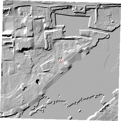 Shaded relief map of the ground around E1W3ST, computed from Environment Agency LiDAR. The ground here sits at about 3 m above sea level and falls 25 m across the surrounding 800 m. Surface water reaching this point runs off ground lying to the east-south-east, 3.5 m higher.
