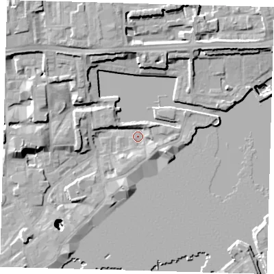Shaded relief map of the ground around E1W3SU, computed from Environment Agency LiDAR. The ground here sits at about 3 m above sea level and falls 26 m across the surrounding 800 m. Surface water reaching this point runs off ground lying to the north-east, 3.1 m higher.