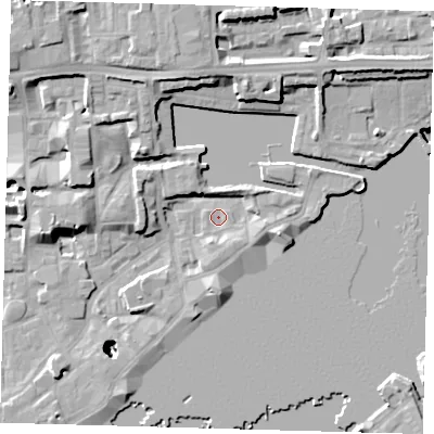 Shaded relief map of the ground around E1W3SX, computed from Environment Agency LiDAR. The ground here sits at about 3 m above sea level and falls 26 m across the surrounding 800 m. Surface water reaching this point runs off ground lying to the east-north-east, 3.0 m higher.