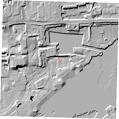 Shaded relief map of the ground around E1W3SY, computed from Environment Agency LiDAR. The ground here sits at about 3 m above sea level and falls 26 m across the surrounding 800 m. Surface water reaching this point runs off ground lying to the north-west, 3.9 m higher.