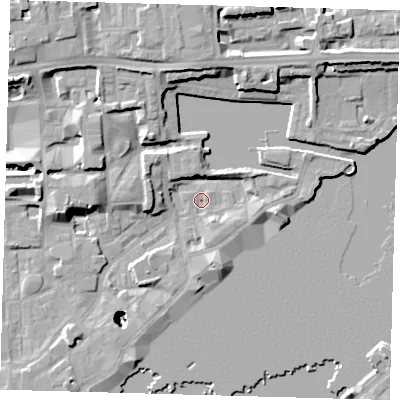 Shaded relief map of the ground around E1W3SZ, computed from Environment Agency LiDAR. The ground here sits at about 3 m above sea level and falls 26 m across the surrounding 800 m. Surface water reaching this point runs off ground lying to the east-north-east, 3.2 m higher.